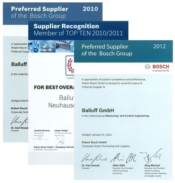 Balluff dostal potřetí certifikát od firmy Bosch